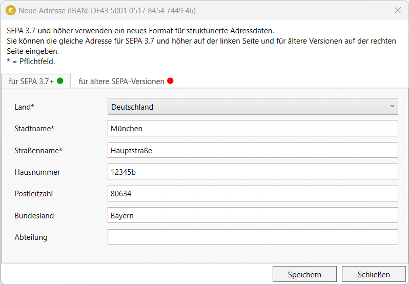 Adressdialog - SEPA 3.7 Format