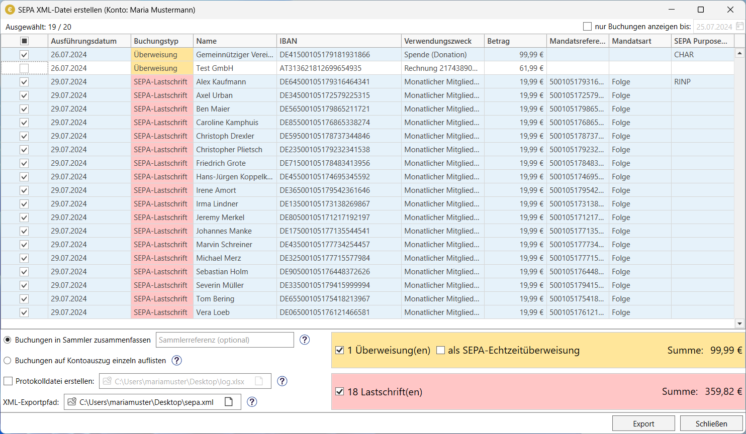 SEPA-XML-Exportdialog
