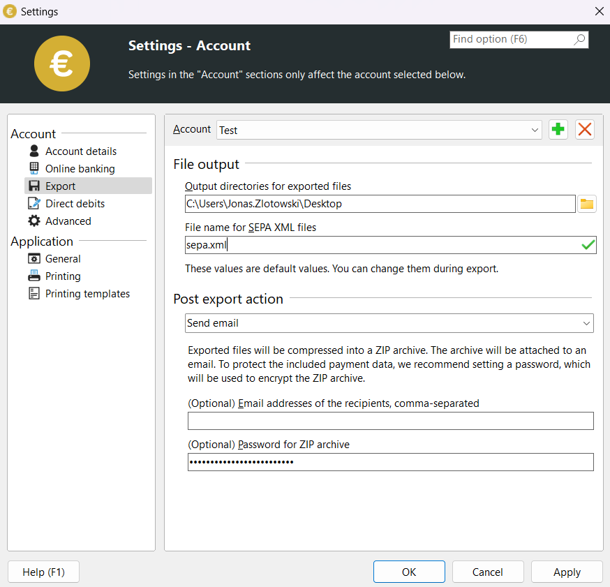 Export settings