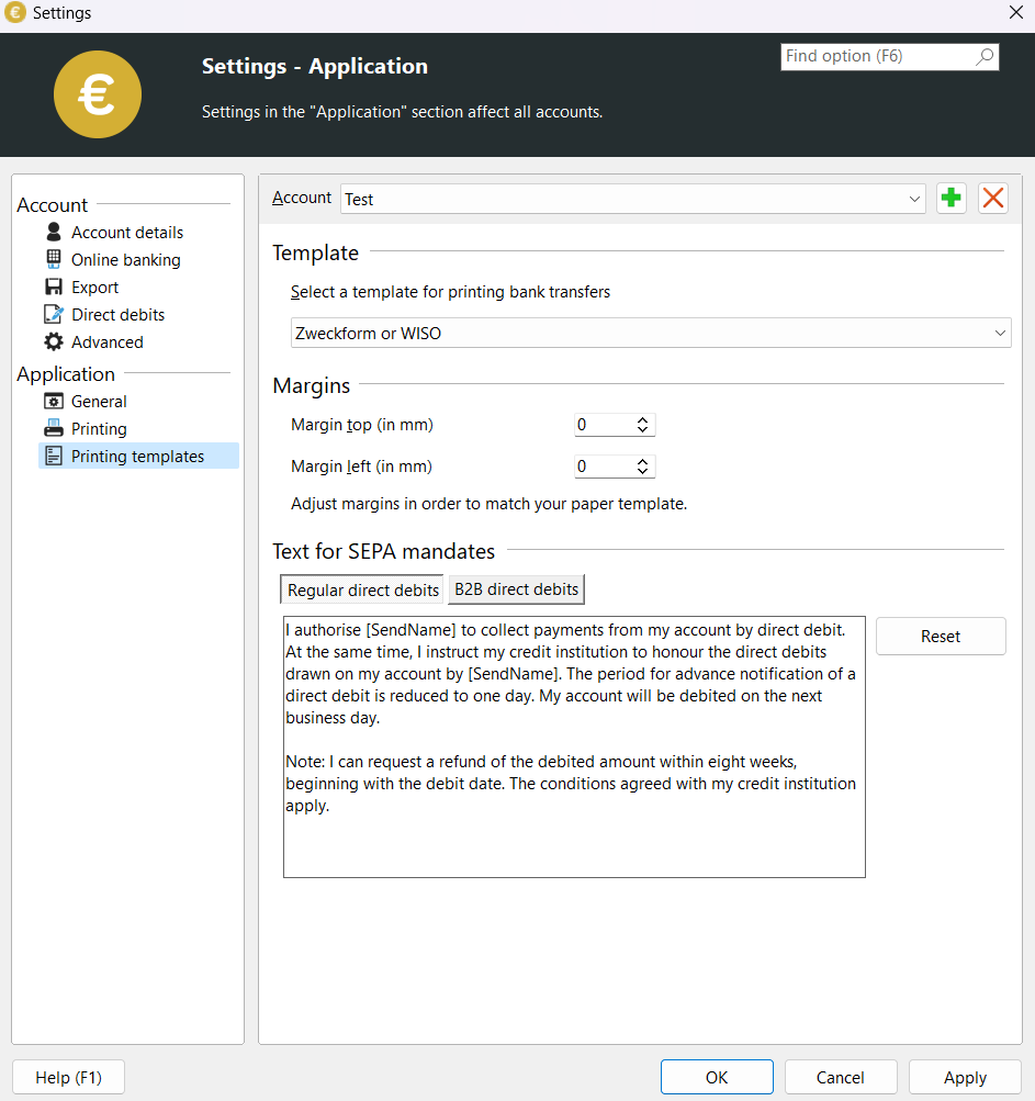 Print templates settings